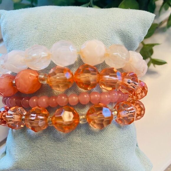 Peach and Orange Beaded Stretch Bracelet Set of 4 - Picture 3 of 3